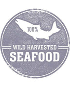 Freeze Dried Wild Salmon Fillets in a distressed grey circular seal, with a white fish silhouette and “Wild Harvested Seafood” text.