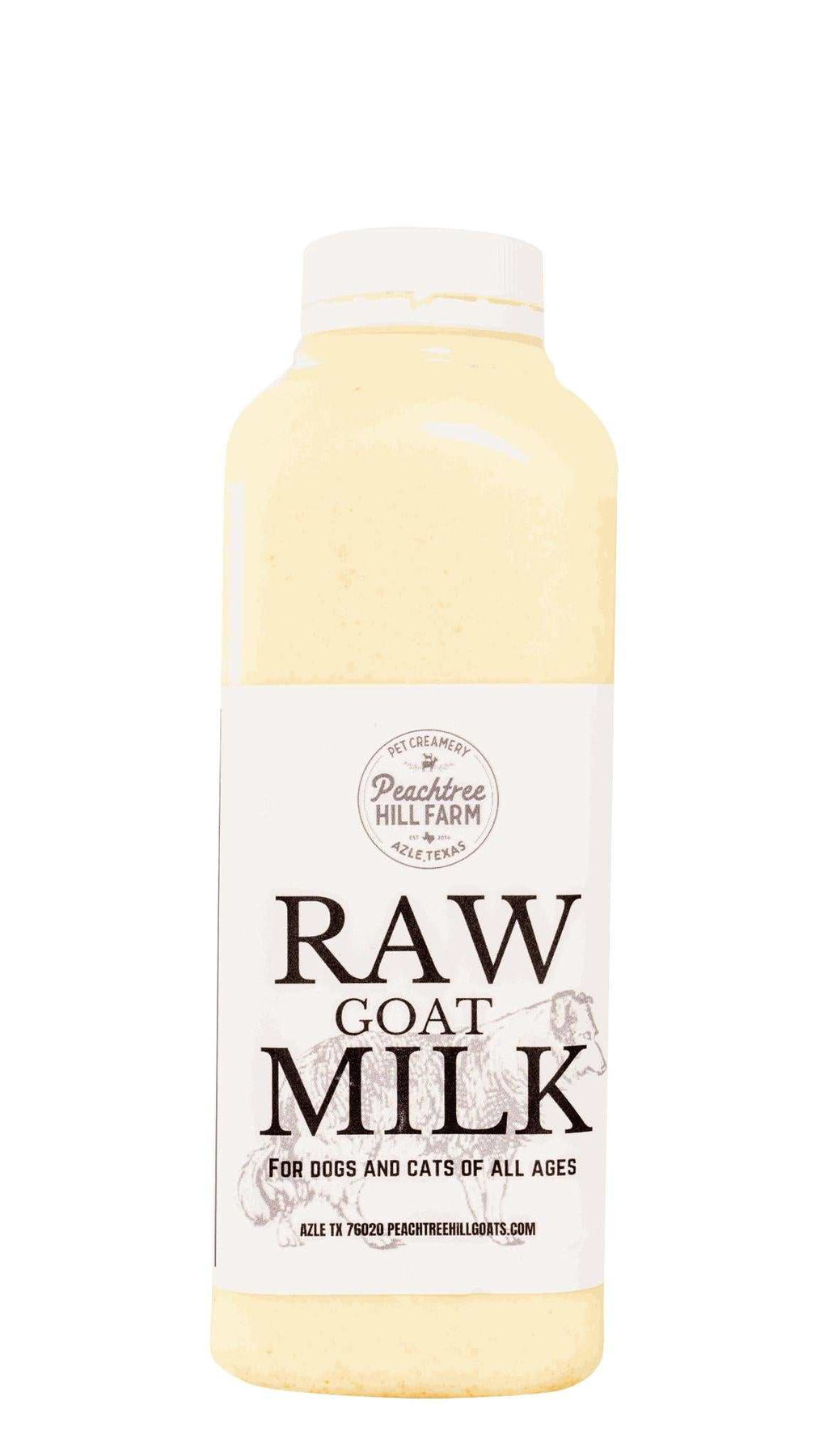 Raw Goat Milk in a translucent bottle with a white cap and cream label featuring bold brown lettering.