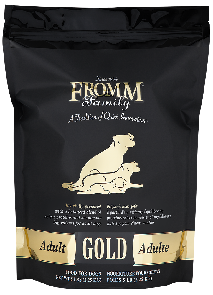 30 lb Fromm Family Gold Adult dog food bag with balanced proteins, probiotics, and salmon oil for healthy coat and digestion