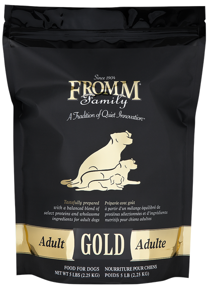30 lb Fromm Family Gold Adult dog food bag with balanced proteins, probiotics, and salmon oil for healthy coat and digestion