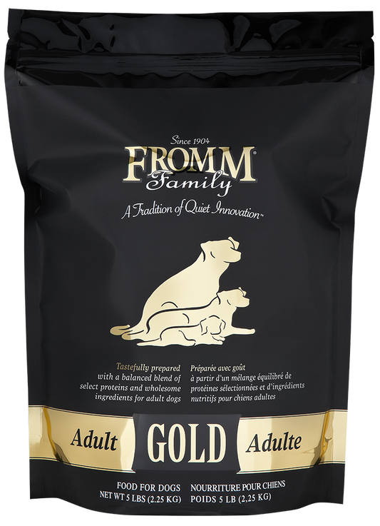 30 lb Fromm Family Gold Adult dog food bag with balanced proteins, probiotics, and salmon oil for healthy coat and digestion