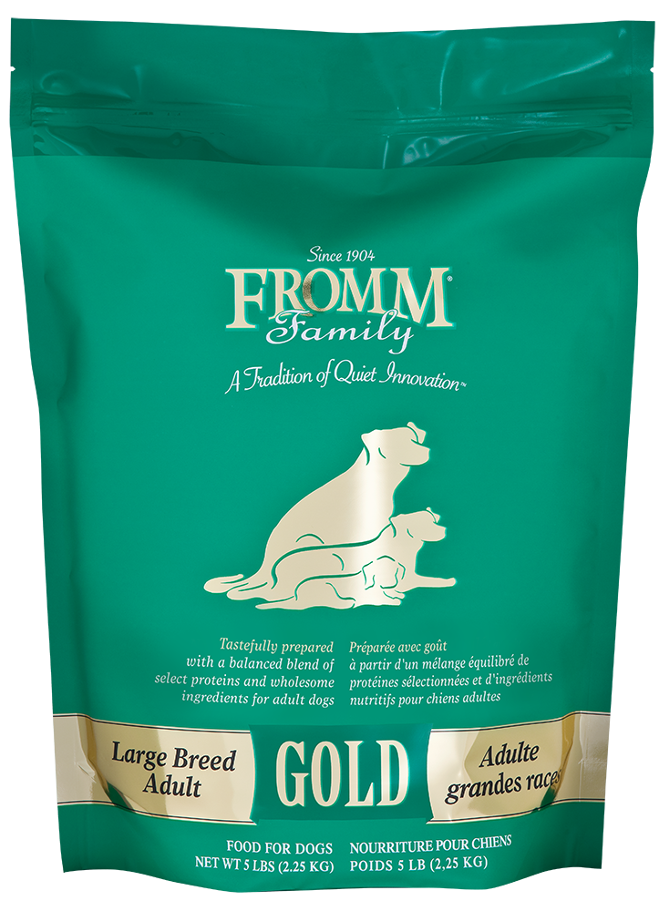 Gold Large Breed Adult dog food bag by Fromm Family for adult dogs over 50 pounds with select proteins, probiotics, and salmon oil for digestion and coat health