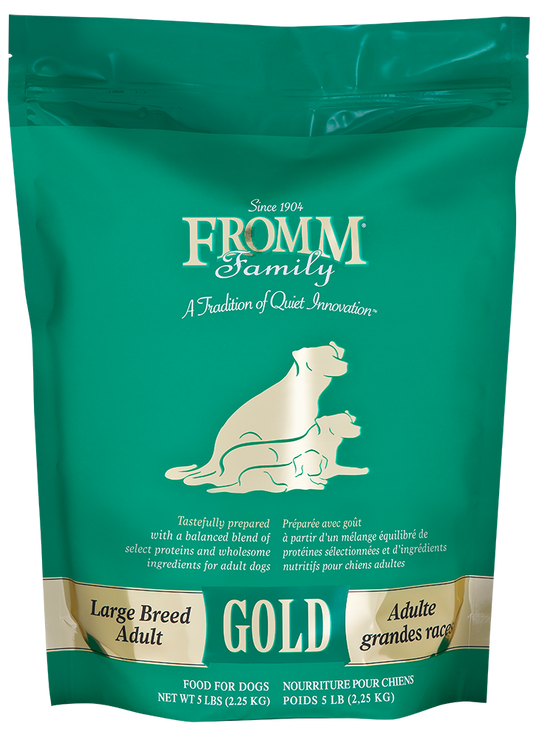 Gold Large Breed Adult dog food bag by Fromm Family for adult dogs over 50 pounds with select proteins, probiotics, and salmon oil for digestion and coat health