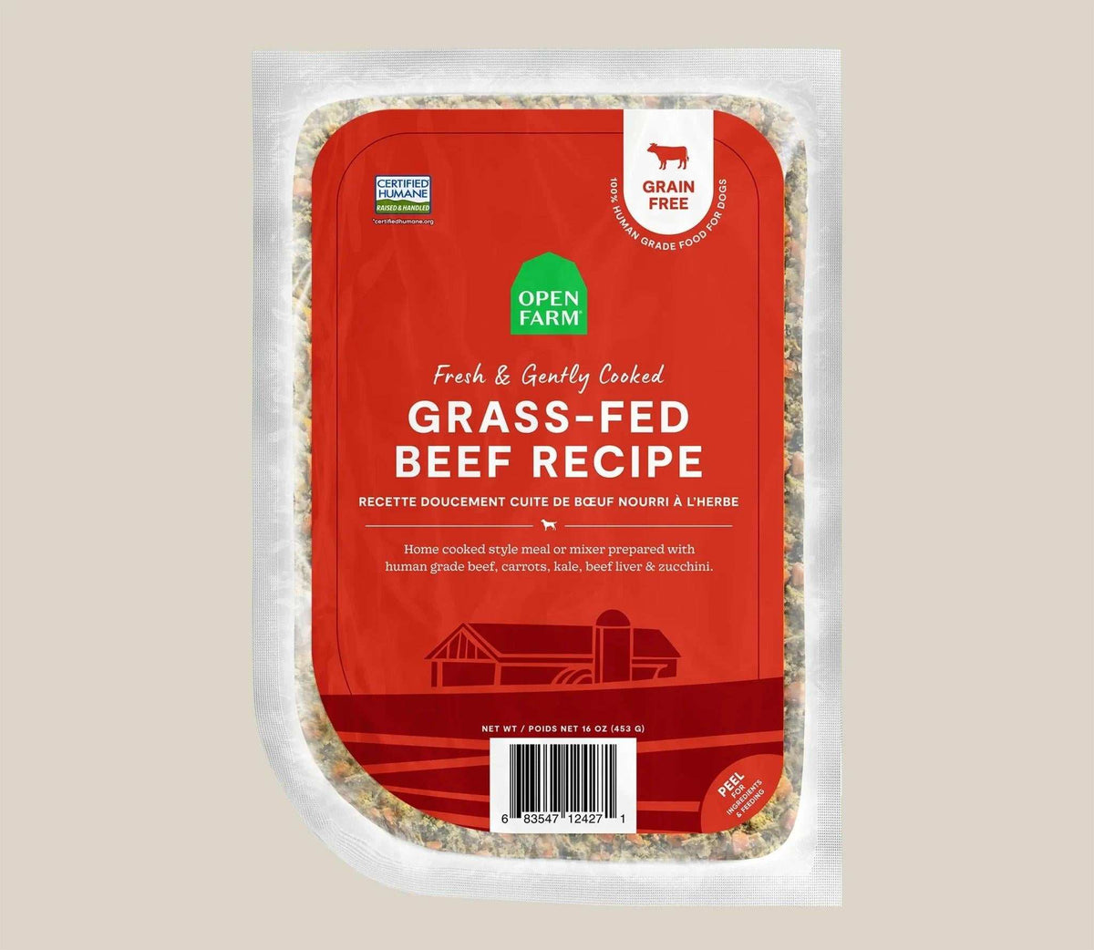 Grass-Fed Beef dog food in a clear sealed pouch with a red label, grain-free recipe and gently cooked markings.