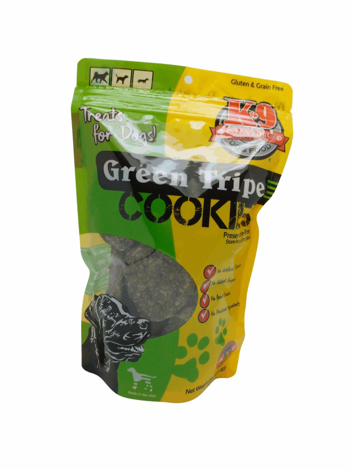 Green Tripe dog cookies in a green and yellow resealable pouch, with a clear window showing dark, round treats.