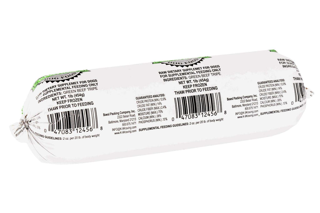 Green Tripe frozen raw supplement in a white plastic-wrapped tube with green accents and black printed labeling.