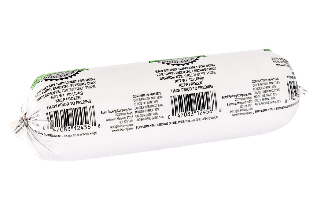 Green Tripe frozen raw beef supplement in a white plastic tube with black text, green accents and sealed ends.