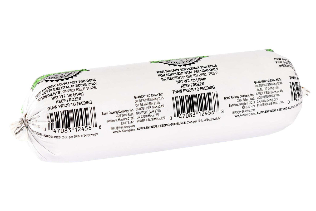 Green Tripe frozen raw beef supplement in a white plastic tube with black text, green accents and sealed ends.