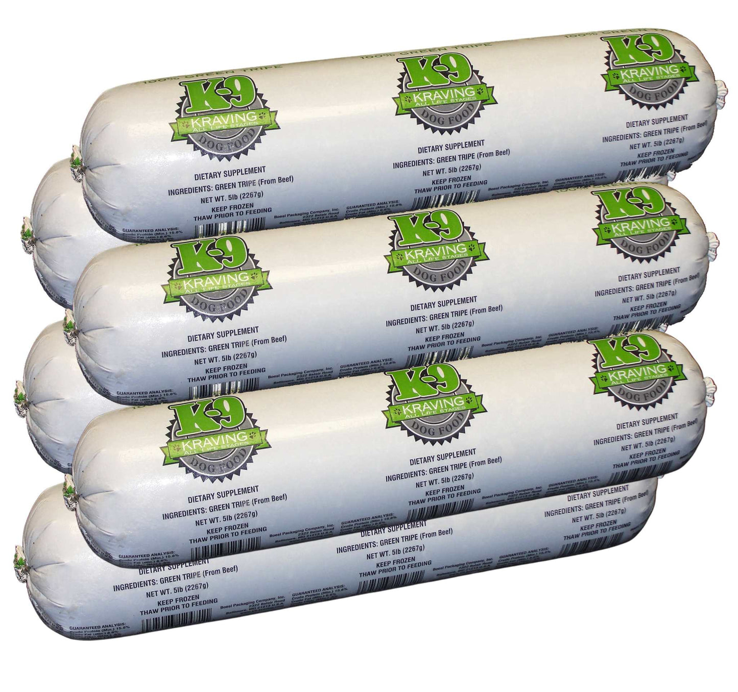 K-9 Kraving Green Tripe packets stacked for raw dog food supplement. 