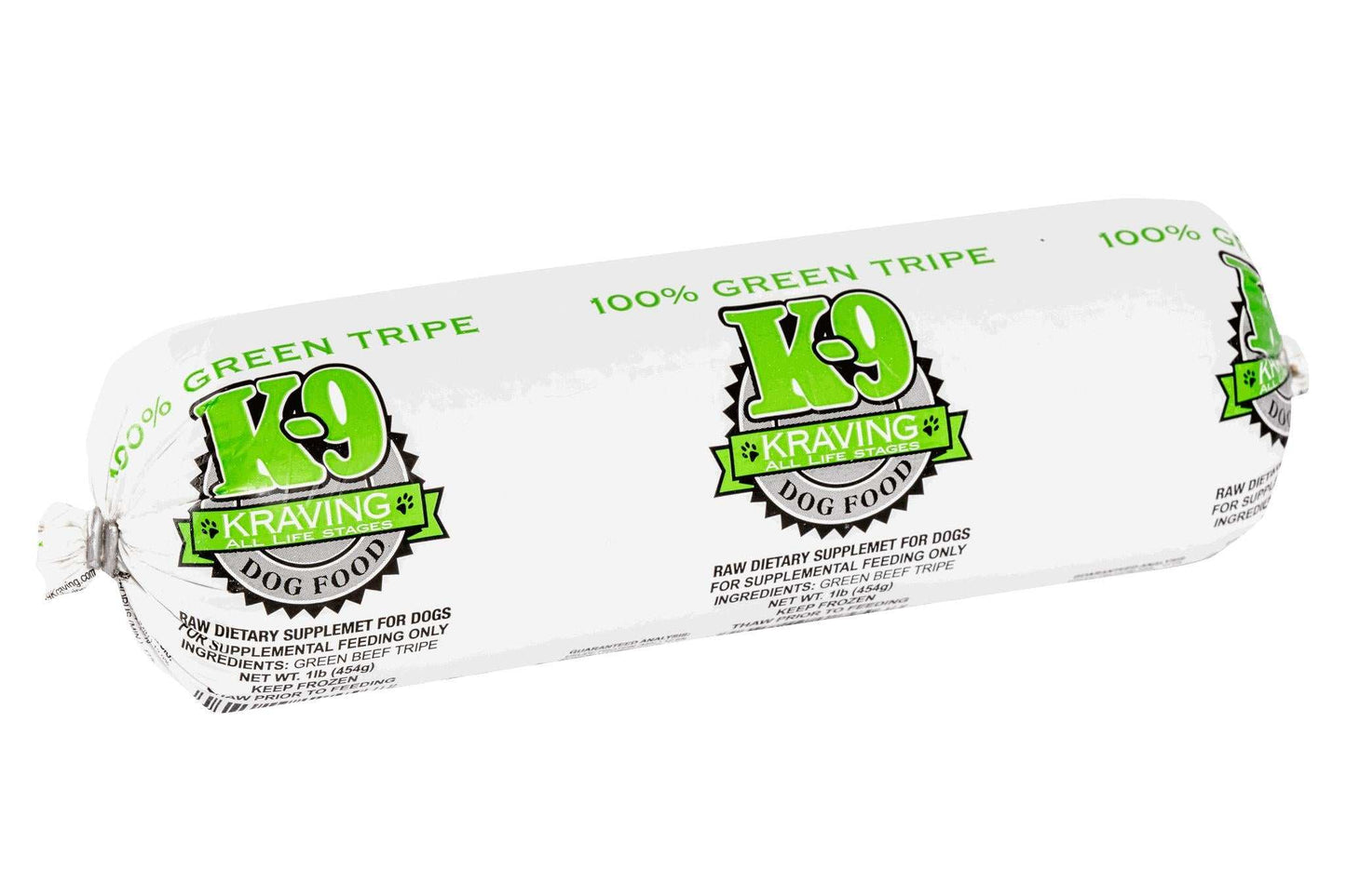 K-9 Kraving Green Tripe raw dog food package, 100% green beef tripe supplement.