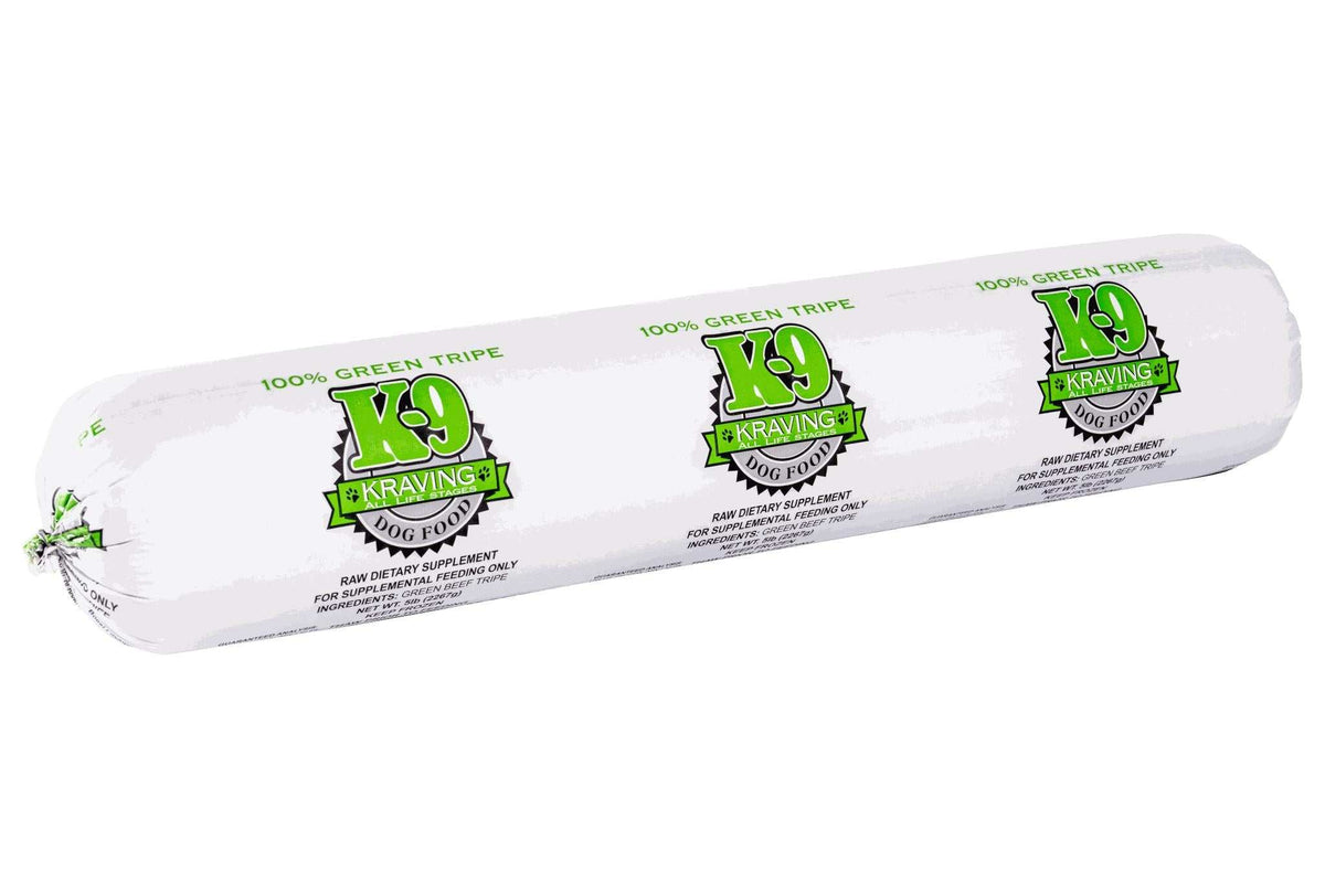 Green Tripe frozen raw supplement in a white wrapped tube with green K-9 Kraving logos and beef tripe labeling.