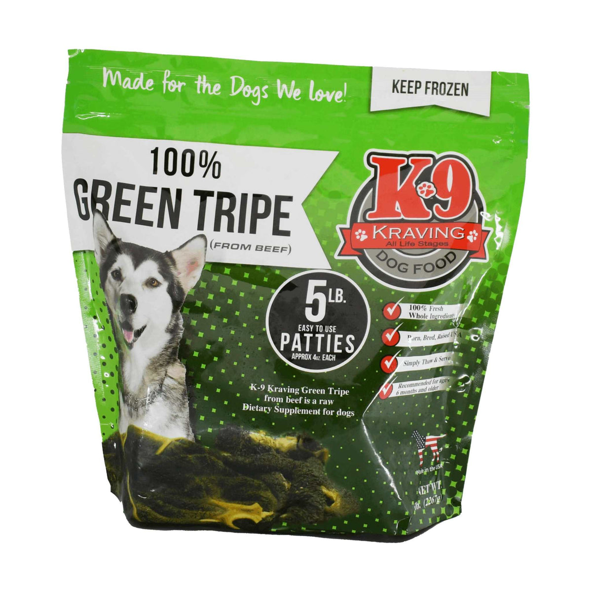Green Tripe dog food in a green and black bag, with 5 lb patties and a dog illustration on the label.