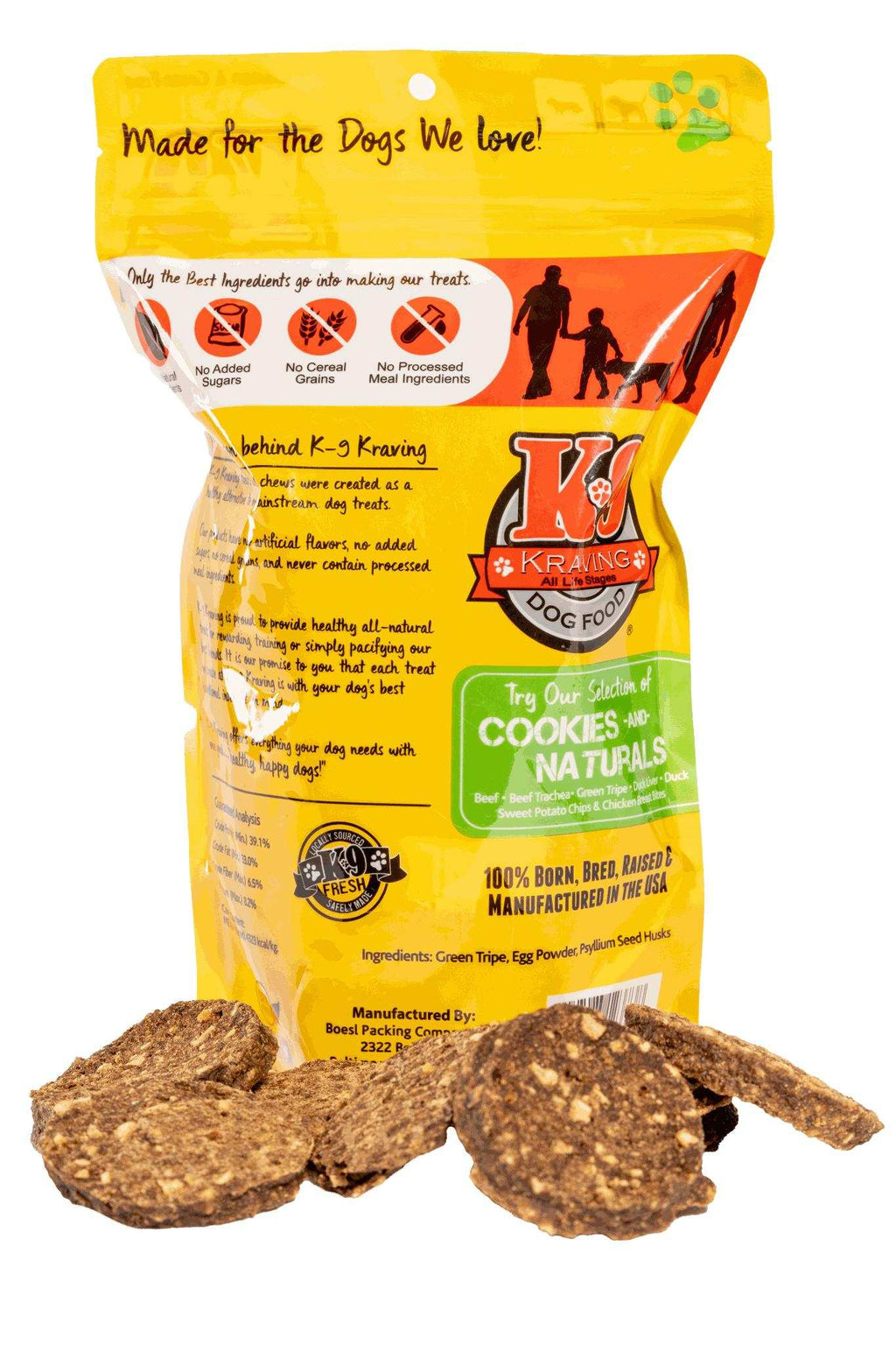 Green Tripe dog treats in a yellow and orange resealable pouch, with round, chunky brown cookies showing a coarse texture.