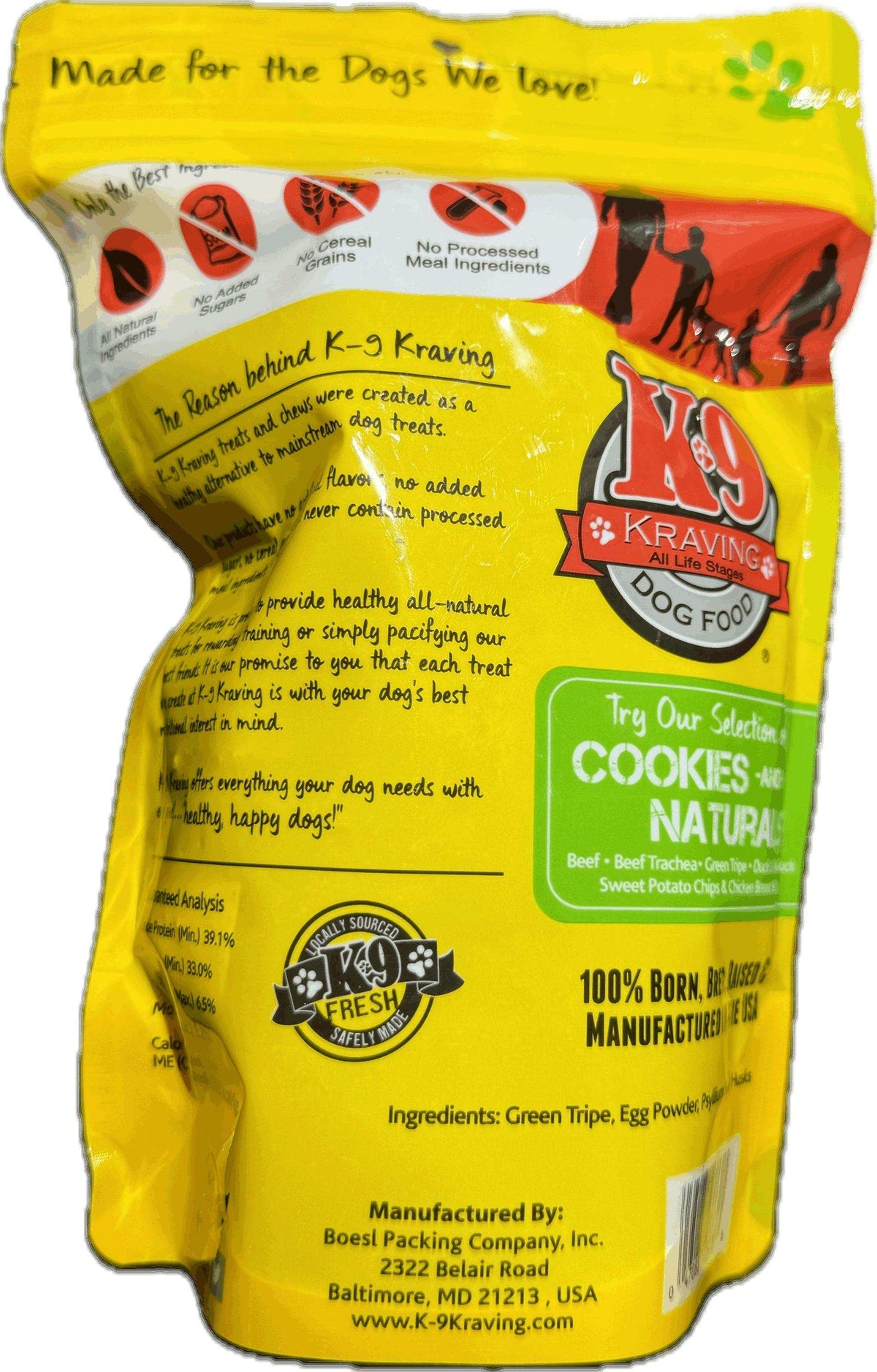 Dog treat pouch labeled Green Tripe cookies, in bright yellow and red packaging with green branding and a resealable top.