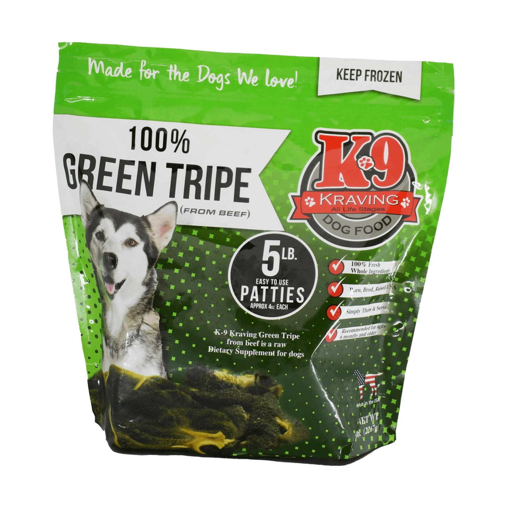 Green Tripe dog food in a green and black bag, with 5 lb patties and a dog illustration on the label.