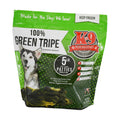 Green Tripe dog food in a green and black bag, with 5 lb patties and a dog illustration on the label.