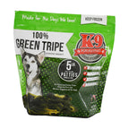 Green Tripe dog food in a green and black bag, with 5 lb patties and a dog illustration on the label.