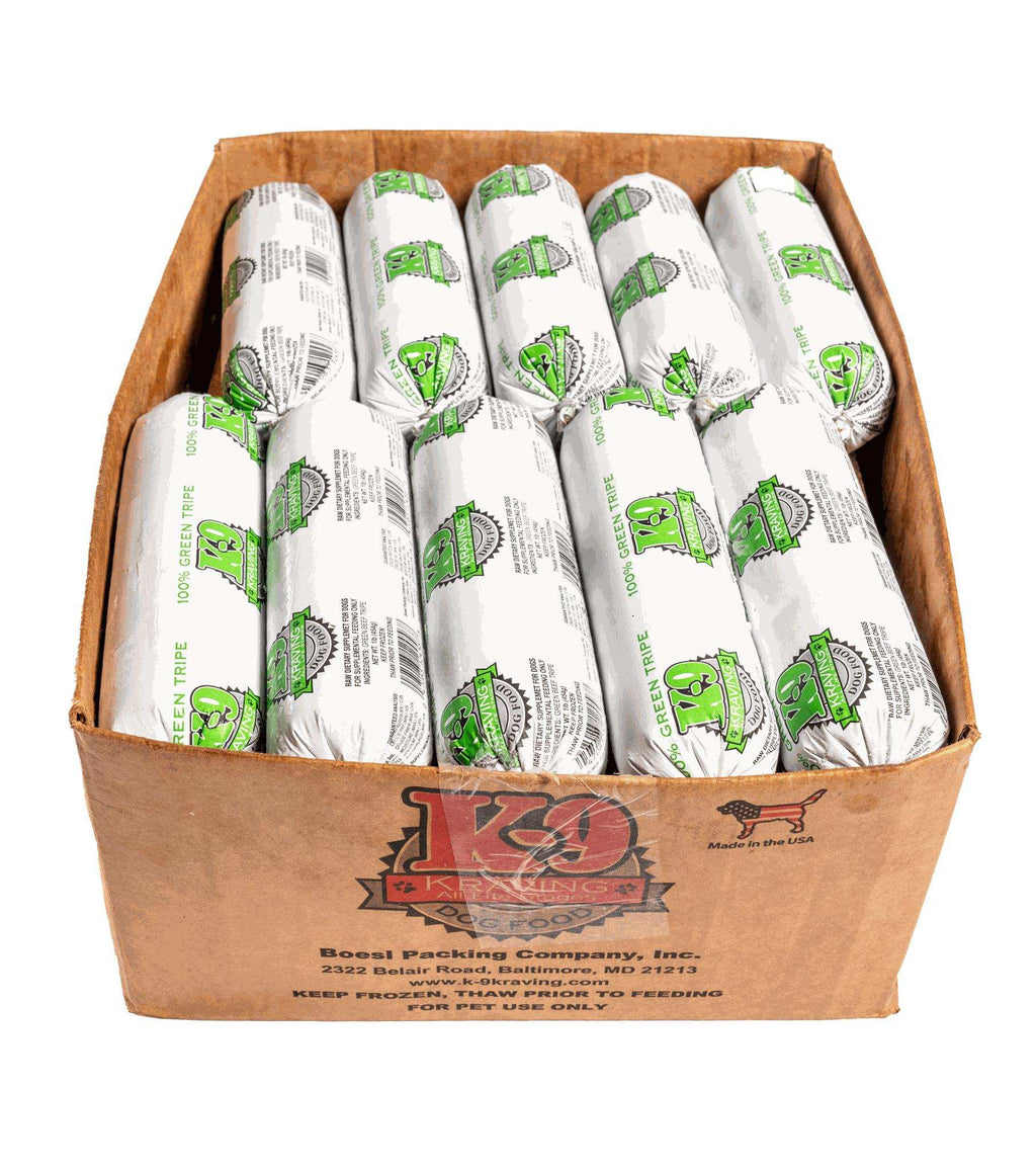 Green Tripe frozen raw dog food in white plastic-wrapped rolls with green K-9 Kraving logos, packed in a cardboard box.