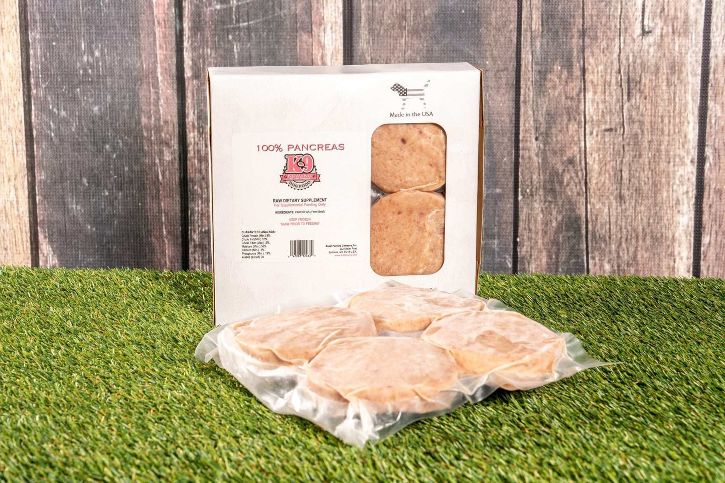 K-9 Kraving Ground Pancreas for raw-fed dogs, 100% bovine, nutrient-rich organ supplement.