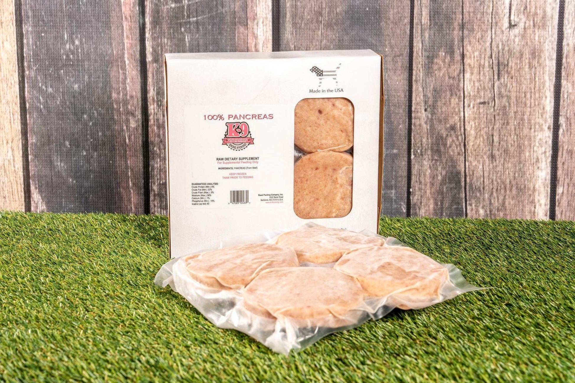 K-9 Kraving Ground Pancreas for raw-fed dogs, 100% bovine, nutrient-rich organ supplement.