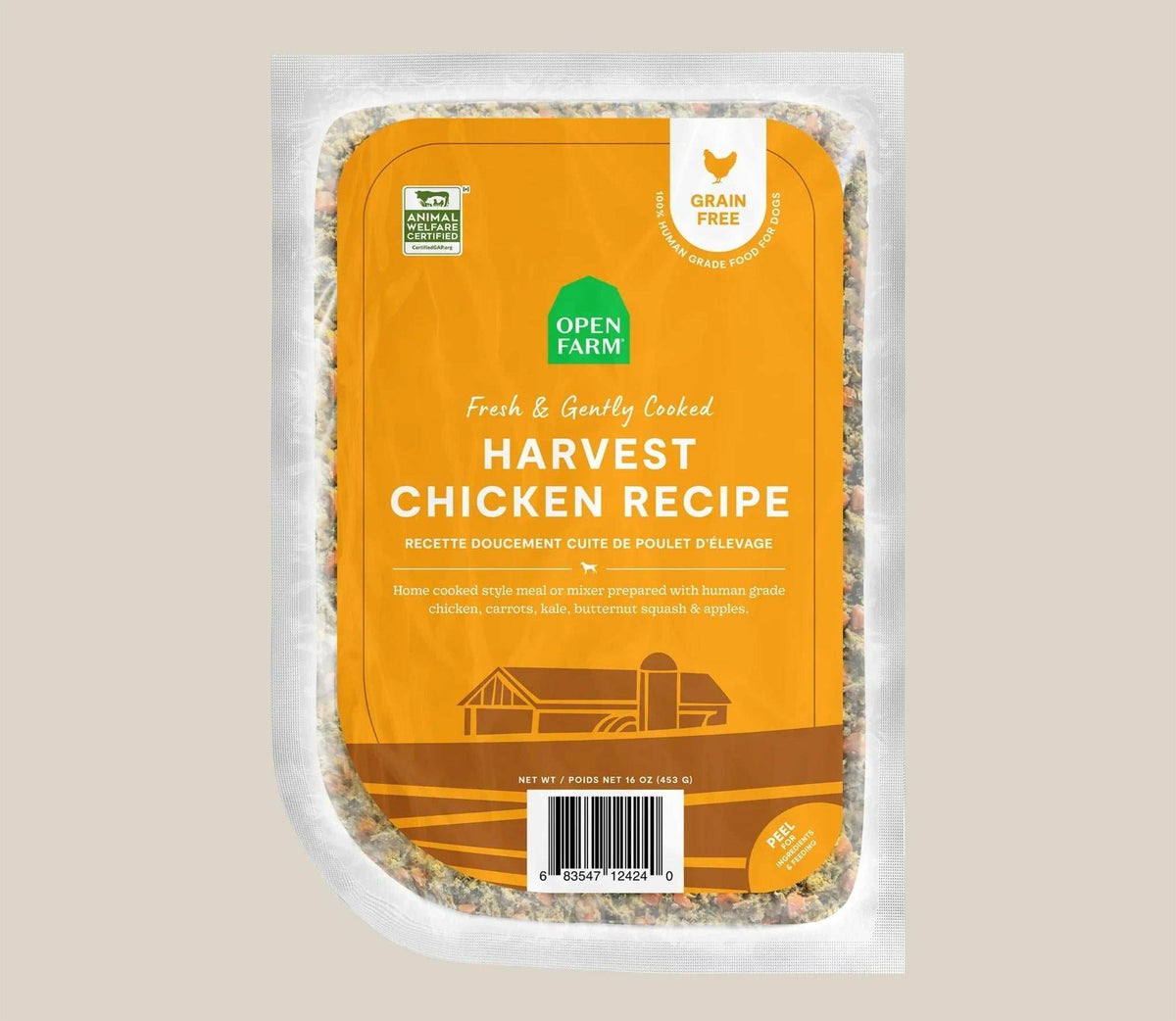 Harvest Chicken Grain-Free dog food in a sealed clear pouch, with an orange label and gently cooked chicken recipe.