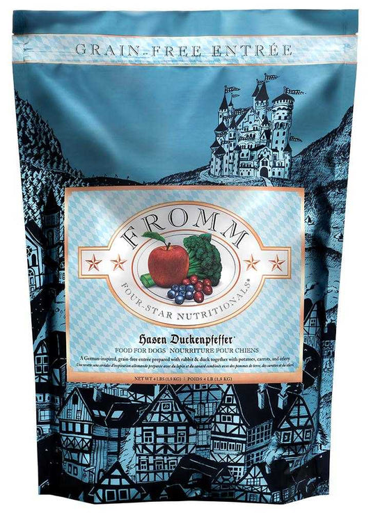 Hasen Duckenpfeffer grain-free dog food with rabbit, duck, peas, potatoes, and fruits in blue packaging