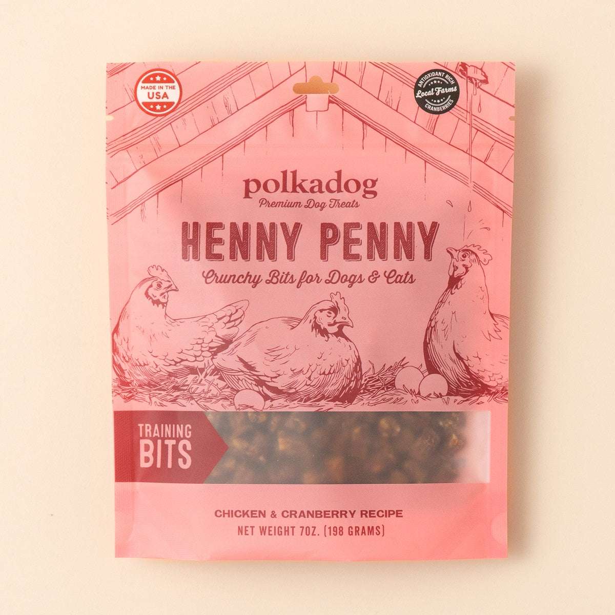 Henny Penny Chicken crunchy training bits dog treats with cranberries in resealable pink pouch