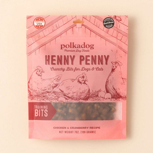Henny Penny Chicken crunchy training bits dog treats with cranberries in resealable pink pouch
