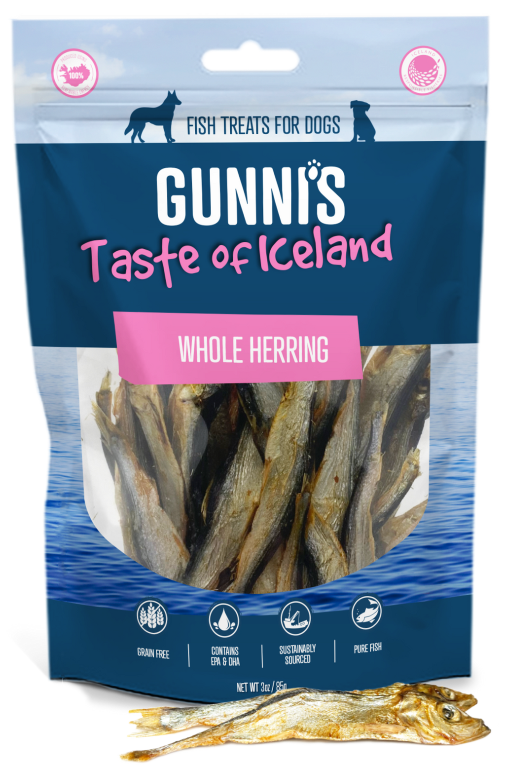 Air-dried whole herring dog treats rich in omega-3 and protein
