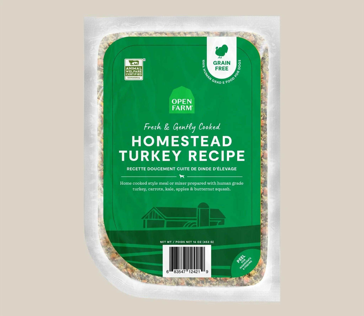 Frozen dog food package of Homestead Turkey Grain-Free freshly cooked recipe in clear wrapping, with a bright green label and white lettering.