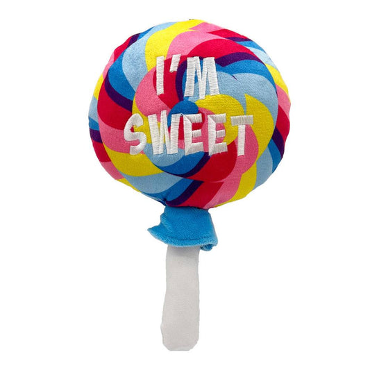 Sweet Lollipop Dog Toy soft plush squeaky toy for dogs, small 7" and large 10.5" sizes, durable and non-toxic