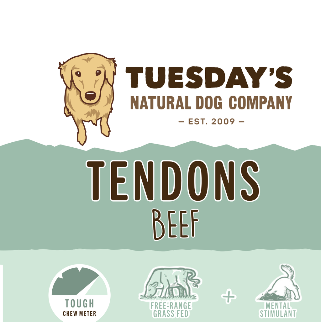 Dog tendon chew package, Jumbo Beef Tendon, with a green label, brown lettering, and illustrated dog logo.