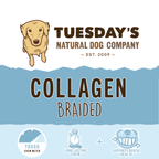 Jumbo Braided Collagen chew package with a blue-and-white label, dog illustration, and tough chew meter badge.
