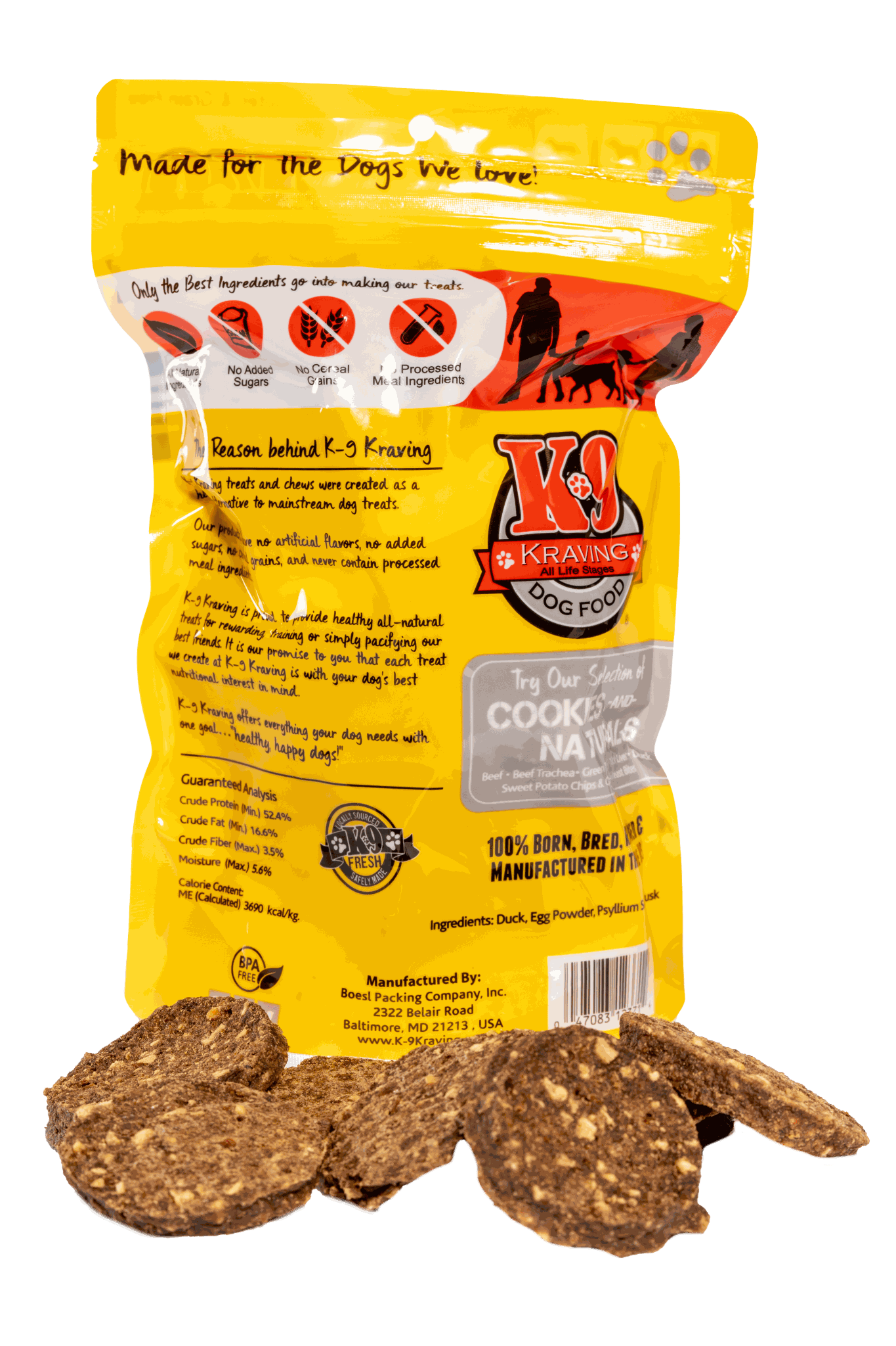 Duck K-9 Cookies packaging with dog treats, 100% USA sourced, three-ingredient dog snack.