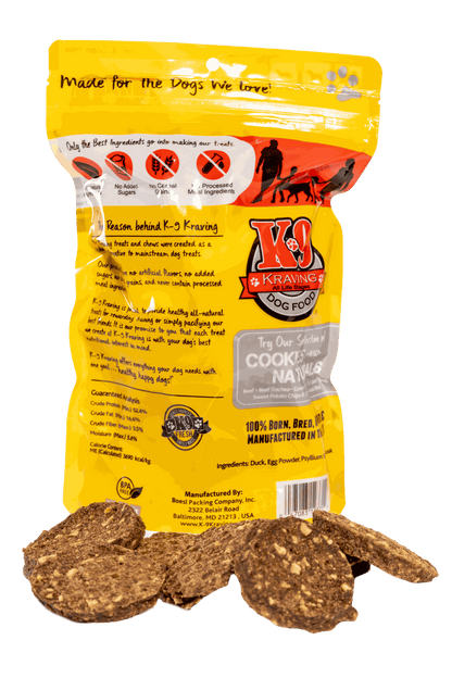 Duck K-9 Cookies packaging with dog treats, 100% USA sourced, three-ingredient dog snack.