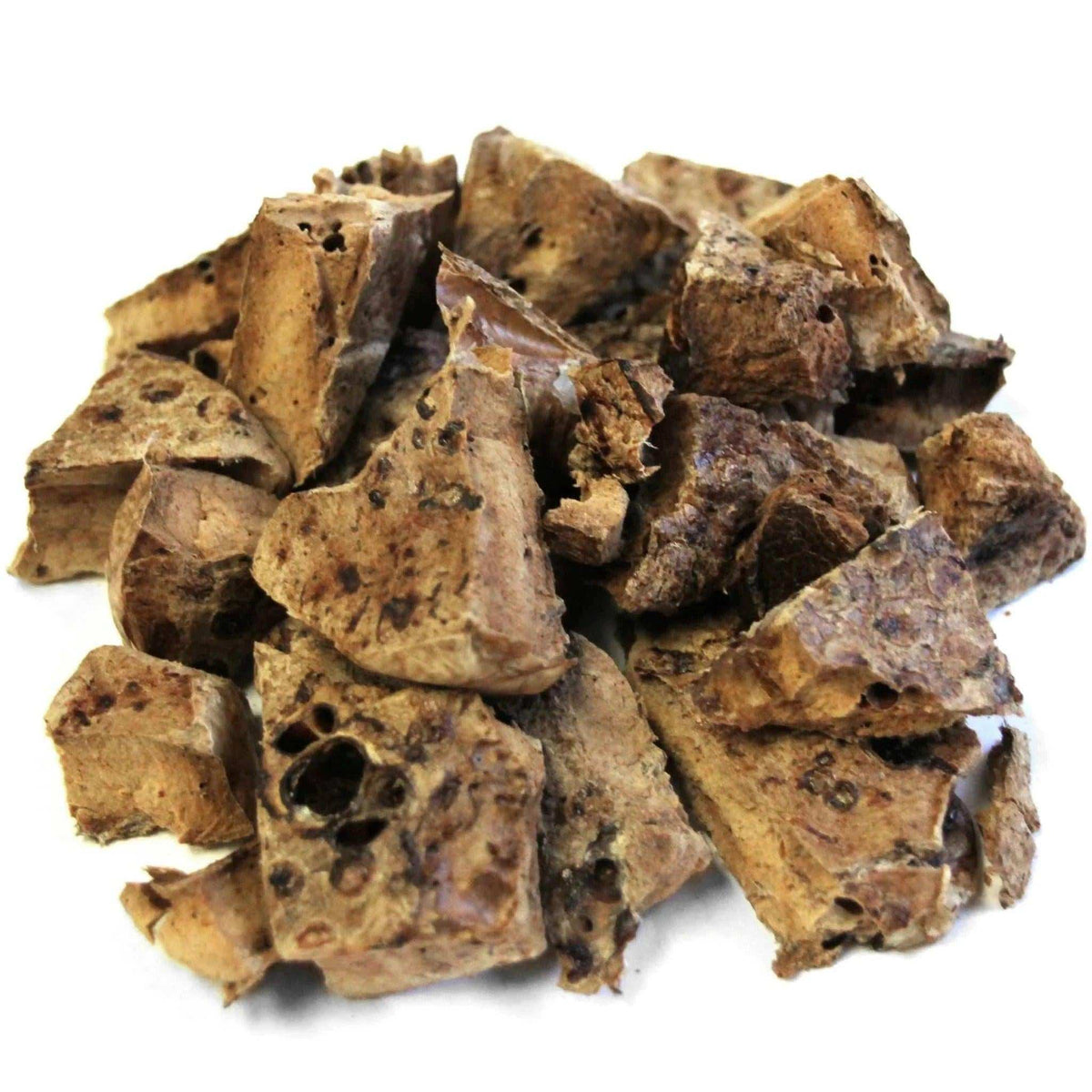 Lamb Lung Wafers, brown porous dried lamb lung pieces with a rough, irregular texture and broken edges.