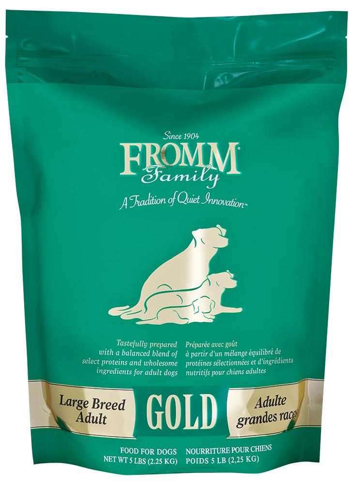 Gold Large Breed Adult dog food bag by Fromm Family for adult dogs over 50 pounds with select proteins, probiotics, and salmon oil for digestion and coat health