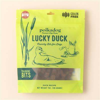 Lucky Duck Training Bits crunchy grain-free dog treats with duck liver and potato flour in 7oz bag