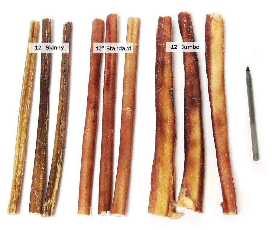 Odor Free Jumbo Bully Sticks for dogs, 12-inch long, thick chew treats, natural bull pizzle, durable and odorless dog chews.