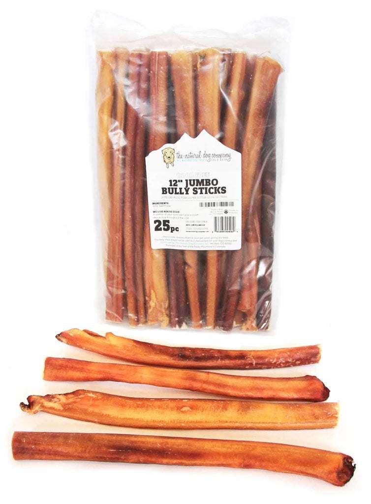 Package of 25 odor free jumbo bully sticks for dogs with several sticks displayed outside the packaging