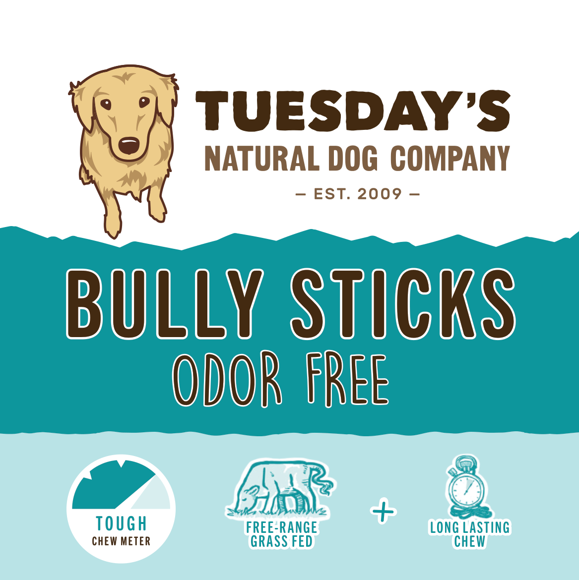 Bully stick chew, tan natural bull pizzle; Odor Free Jumbo Bully Sticks label notes tough, long-lasting chew.