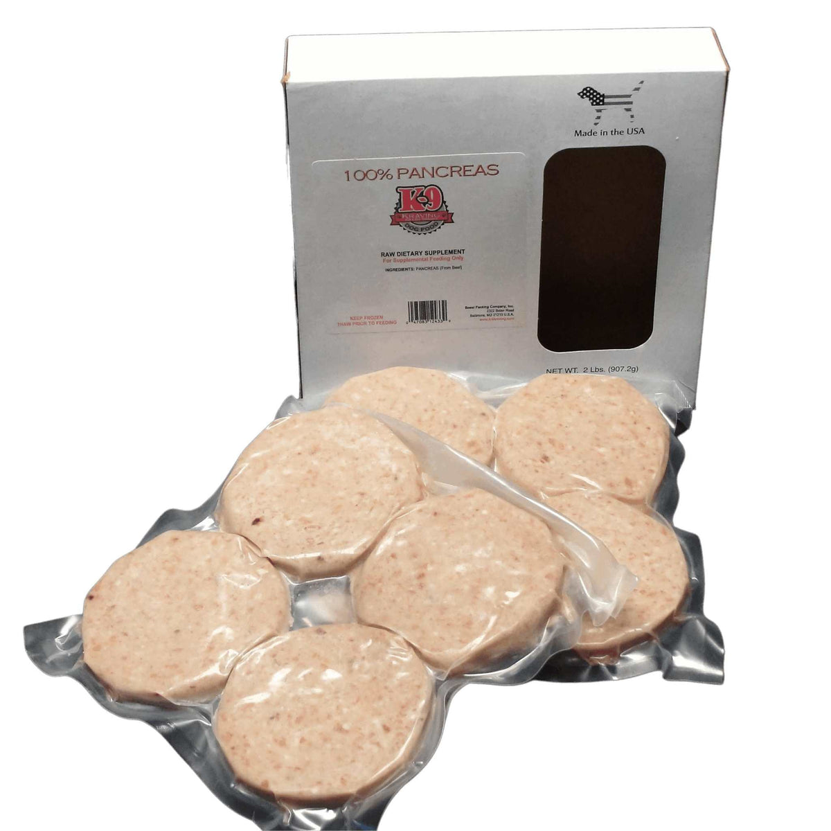 Ground Beef Pancreas in pale pink, vacuum-sealed round portions, with a single-ingredient raw organ supplement box.