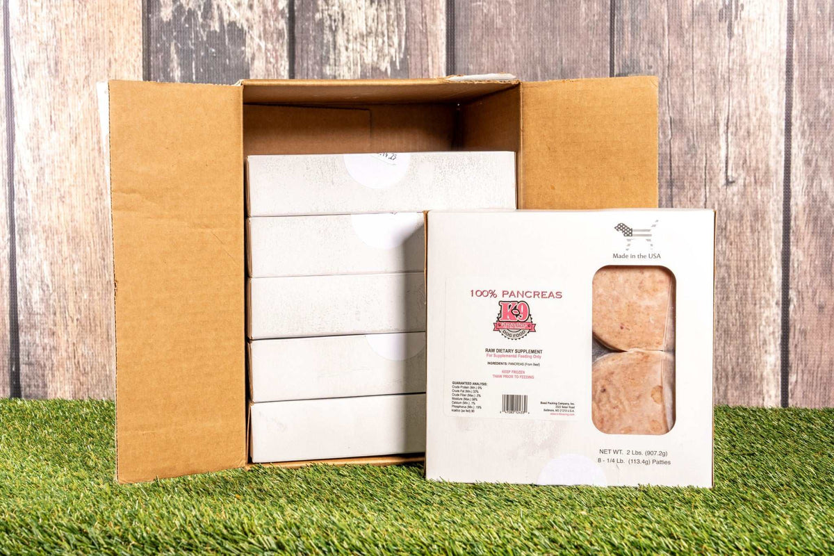 Ground Beef Pancreas package, dog supplement, nutrient-rich raw diet topper, K-9 Kraving, USA made.