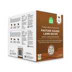 Dog food package for Pasture-Raised Lamb recipe, with a brown and white carton, green farm logo, and grain-free badge.