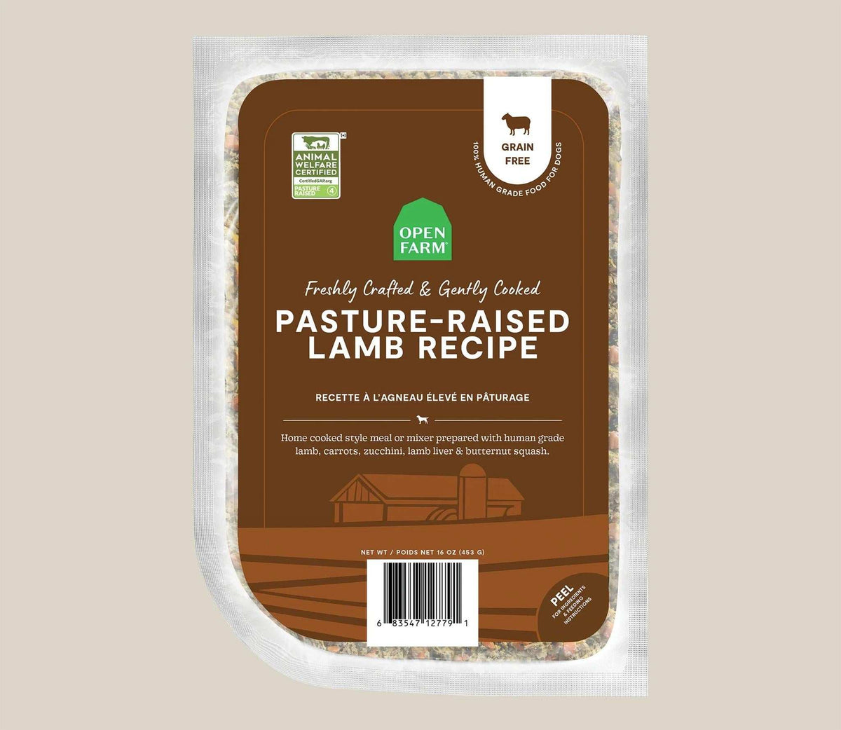 Pasture-Raised Lamb fresh dog food in a sealed white pouch with a brown label, green logo and grain-free badge.