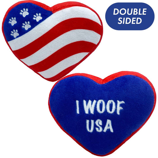 Paws Hearts Dog Toy double sided plush with squeaker, durable and safe for dogs