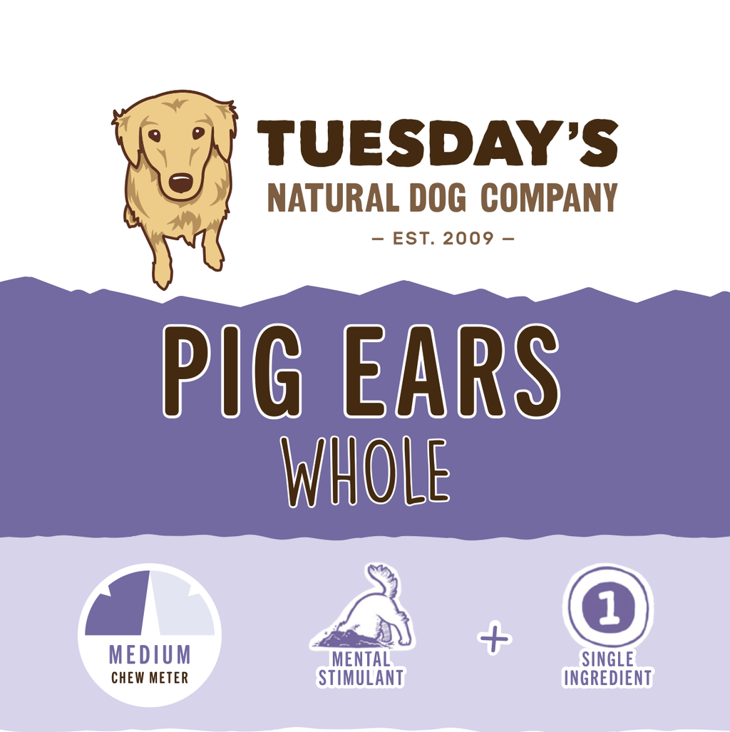 Dog chew package labeled Pig Ear, with a purple design, cartoon dog, and medium-chew, mental-stimulation, single-ingredient icons.