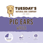 Dog chew package labeled Pig Ear, with a purple design, cartoon dog, and medium-chew, mental-stimulation, single-ingredient icons.
