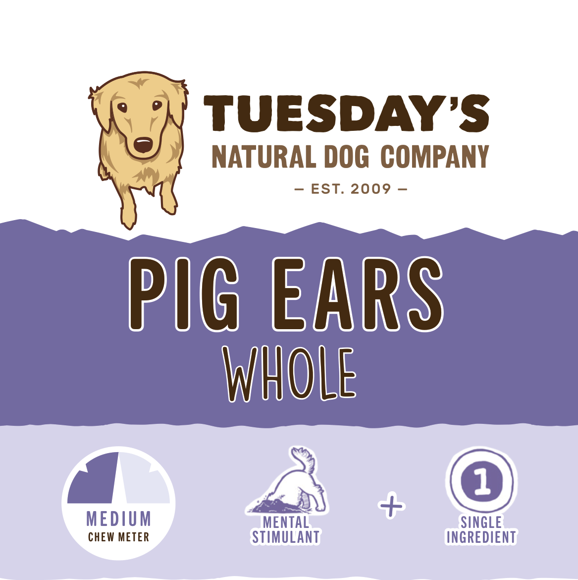 Dog chew package labeled Pig Ear, with a purple design, cartoon dog, and medium-chew, mental-stimulation, single-ingredient icons.