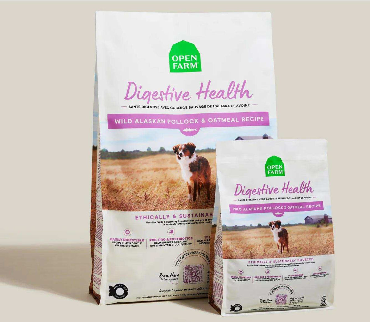 Dog kibble in white bags with magenta labels, a pollock and oatmeal recipe, and a dog pictured on the packaging; Pollock & Oatmeal Digestive Health.